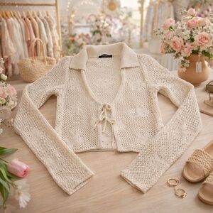 Cream Crochet Tie Front Cardigan Sweater Y2K CottageCore Cropped Fits XS S